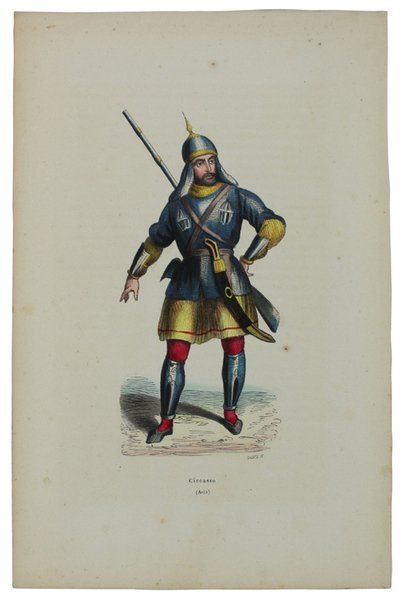 CIRCASSO. Tavola del 1844 acquerellata a mano, cm 27x18 circa.