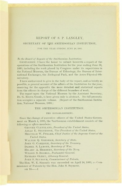 REPORT OF S.P.LANGLEY, SECRETARY OF THE SMITHSONIAN INSTITUTION, FOR THE …