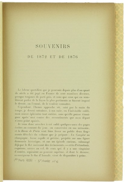 SOUVENIRS DE 1872 ET DE 1876.