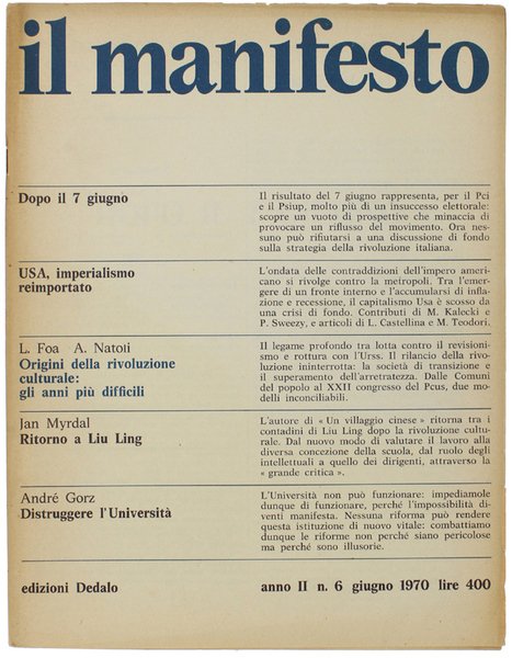 IL MANIFESTO. Anno II - n. 6, giugno 1970. Mensile …