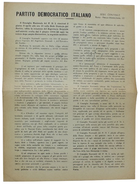 PARTITO DEMOCRATICO ITALIANO (mozione dell'8 aprile 1945). Documento originale.