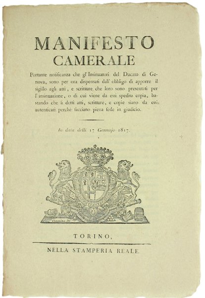 MANIFESTO CAMERALE Portante notificanza che gl'Insinuatori del DUCATO DI GENOVA, …