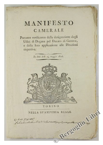 MANIFESTO CAMERALE portante notificanza della designazione degli Uffizj di Dogana …