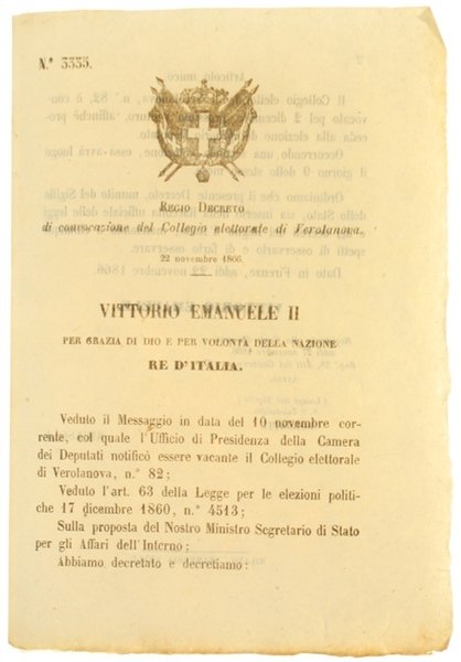 REGIO DECRETO 22 Novembre 1866: Convocazione del Collegio Elettorale di …