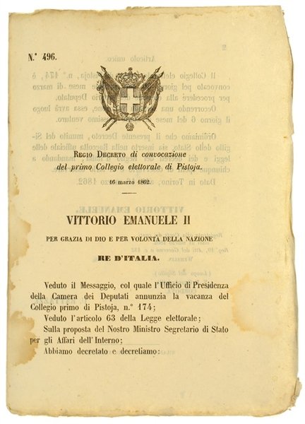 REGIO DECRETO 16 Marzo 1862: Convocazione del primo Collegio elettorale …