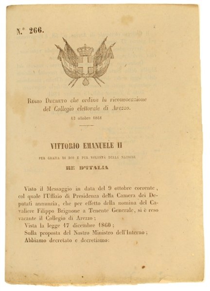 REGIO DECRETO 13 Ottobre 1861: Orian la riconvocazione del Collegio …