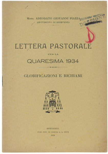 LETTERA PASTORALE per la Quaresima 1934 - Glorificazioni e richiami.