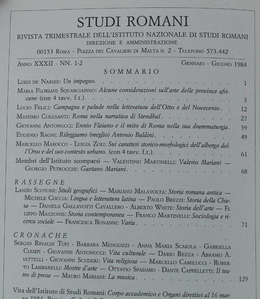 STUDI ROMANI. Rivista trimestrale. Anno 1984 - N. 1-2.