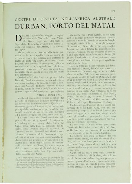 DURBAN, PORTO DEL NATAL. Centri di civiltà nell'Africa Australe.
