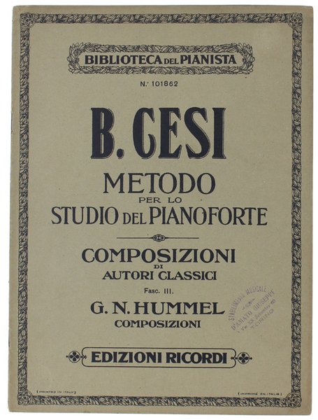 METODO PER LO STUDIO DEL PIANOFORTE. COMPOSIZIONI FACILI DI G.N.HUMMEL: …