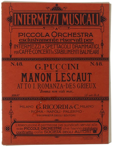 MANON LESCAUT - Atto I - Romanza Des Grieux. Riduzione …