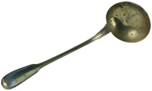 ANTICO MESTOLO ALPACCA dorata, inizio '900 cm 33.