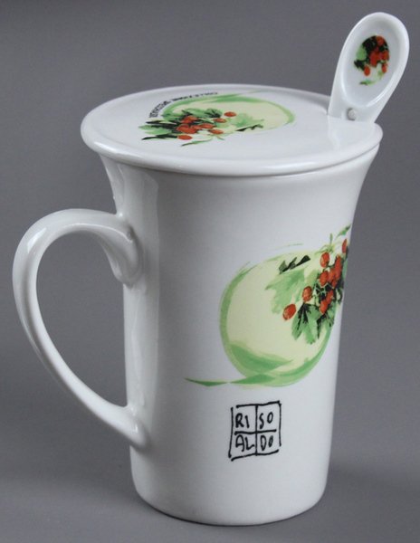 TAZZA CERAMICA "COLLEZIONE SPECCHIASOL" CON COPERCHIO E CUCCHIAIO.