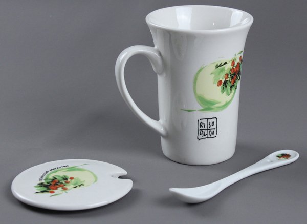 TAZZA CERAMICA "COLLEZIONE SPECCHIASOL" CON COPERCHIO E CUCCHIAIO.