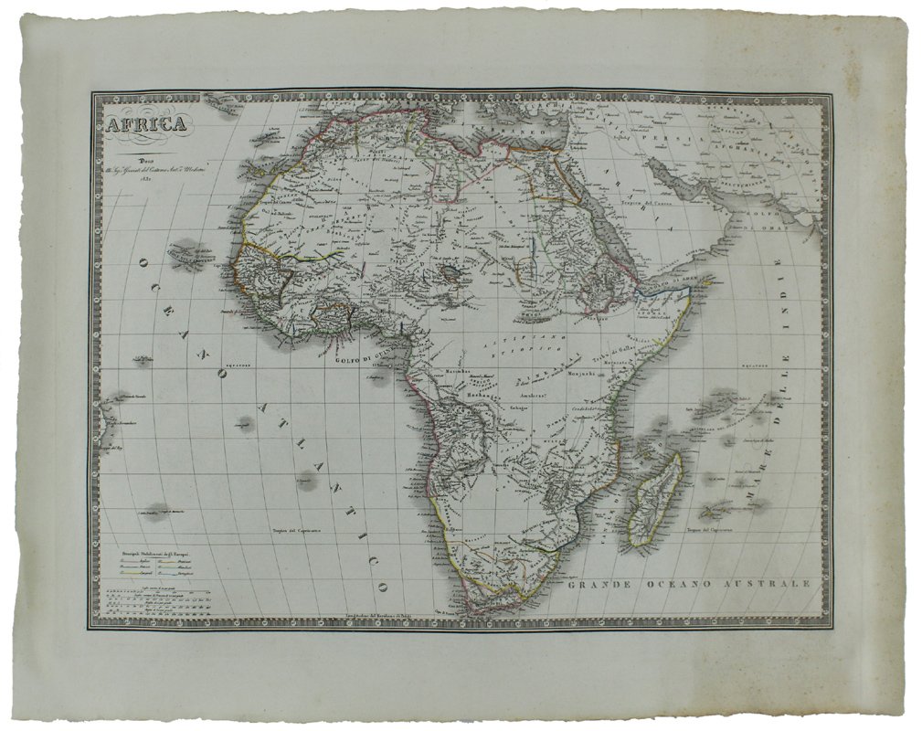 AFRICA. Carta geografica del 1832: incisione su rame, acquerellata