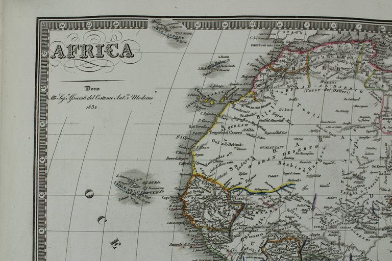 AFRICA. Carta geografica del 1832: incisione su rame, acquerellata