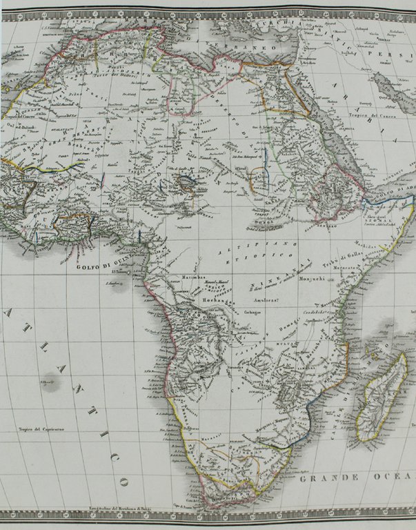 AFRICA. Carta geografica del 1832: incisione su rame, acquerellata