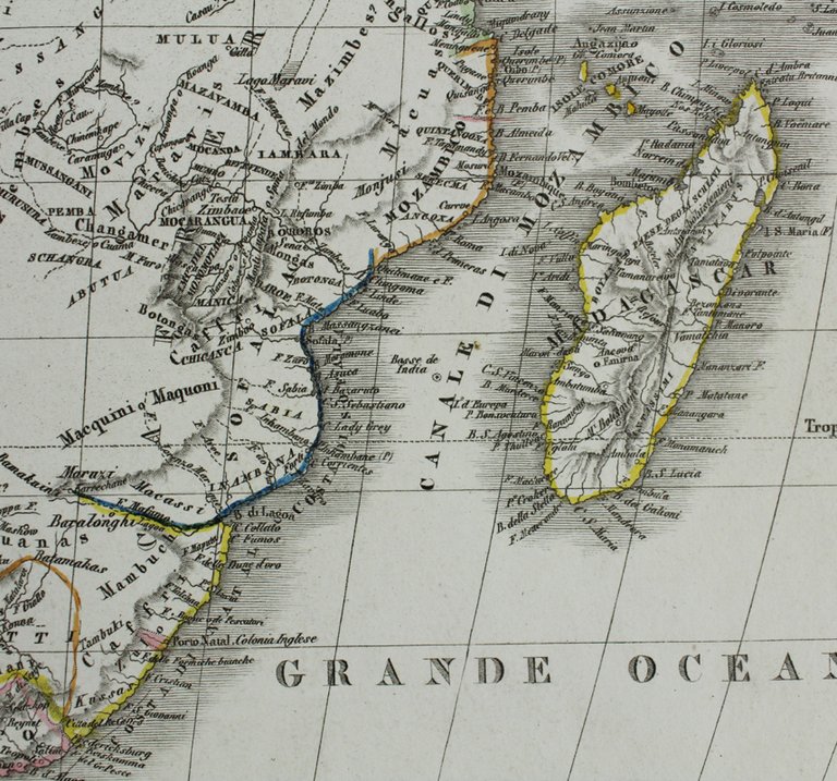 AFRICA. Carta geografica del 1832: incisione su rame, acquerellata