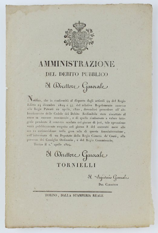 AMMINISTRAZIONE DEL DEBITO PUBBLICO. Torino, 1 aprile 1824.