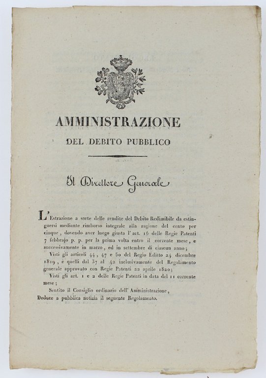AMMINISTRAZIONE DEL DEBITO PUBBLICO. Torino, 14 settembre 1822.