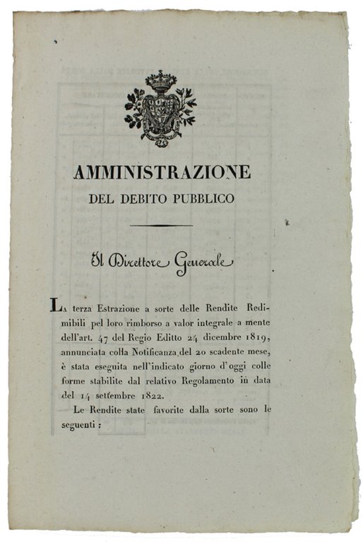 AMMINISTRAZIONE DEL DEBITO PUBBLICO. Torino, 30 settembre 1823.