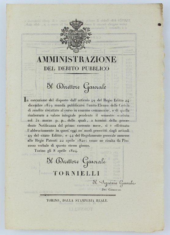 AMMINISTRAZIONE DEL DEBITO PUBBLICO. Torino, 8 aprile 1824.
