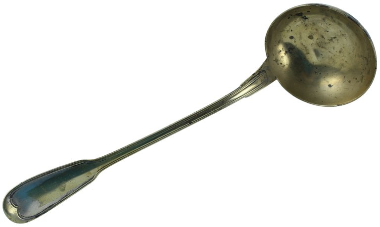 ANTICO MESTOLO ALPACCA dorata, inizio '900 cm 33.