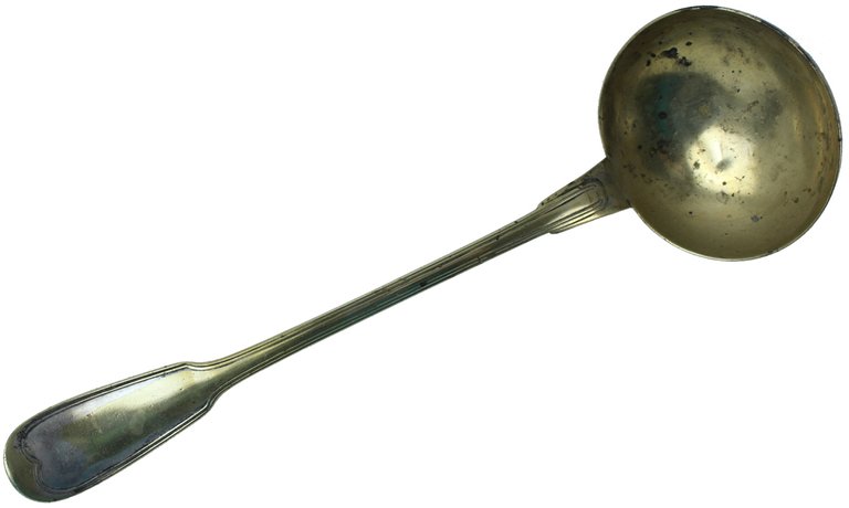 ANTICO MESTOLO ALPACCA dorata, inizio '900 cm 33.