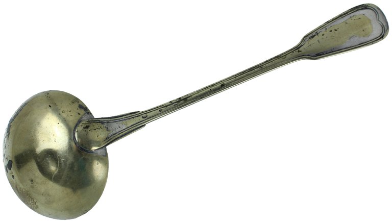 ANTICO MESTOLO ALPACCA dorata, inizio '900 cm 33.