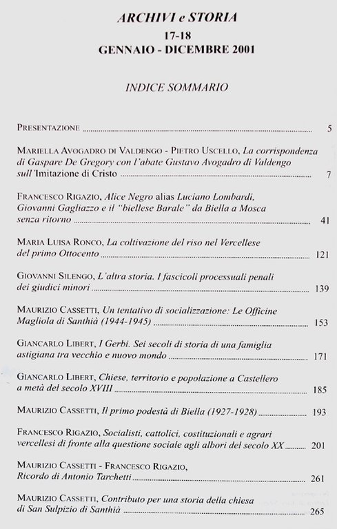 ARCHIVI E STORIA (semestrale) n. 17-18 gennaio/dicembre 2001.