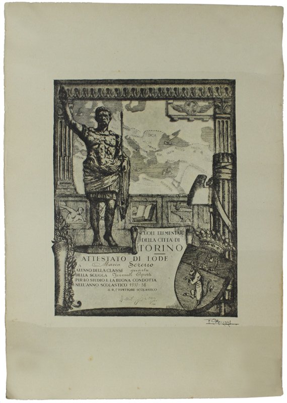 ATTESTATO DI LODE 4a CLASSE SCUOLA "FERRANTE APORTI" TORINO 1937-38 | Immagine principale