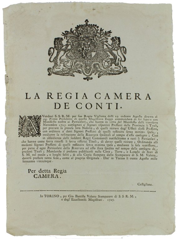 AVENDOCI S.S.R.M. PER SUO REGIO VIGLIETTO DELLI 25 CADENTE AGOSTO …