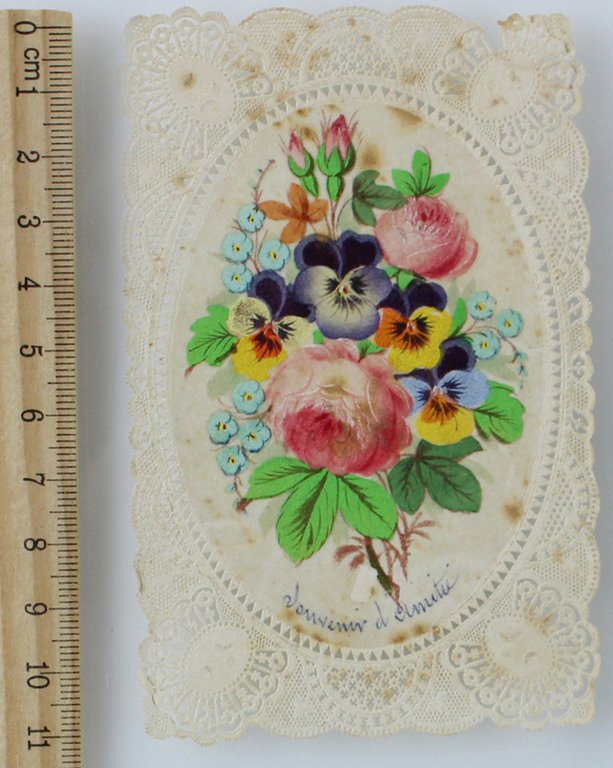 Biglietto / santino SOUVENIR D'AMITIE'. Cromolitografia ovale, cornice trinata