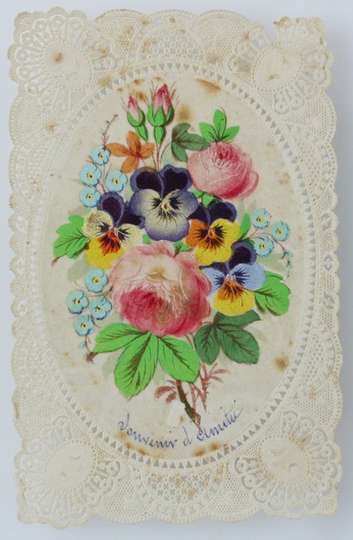 Biglietto / santino SOUVENIR D'AMITIE'. Cromolitografia ovale, cornice trinata