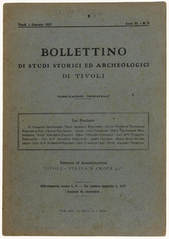BOLLETTINO DI STUDI STORICI ED ARCHEOLOGICI DI TIVOLI. Anno III …