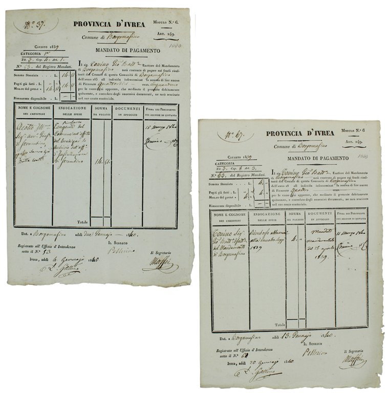 BORGOFRANCO D'IVREA. Due mandati di pagamento del 1839.