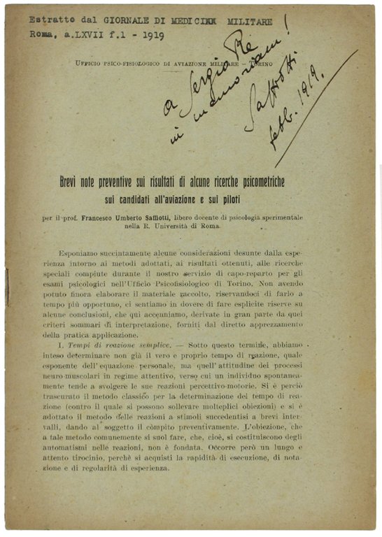 BREVI NOTE PREVENTIVE SUI RISULTATI DI ALCUNE RICERCHE PSICOMETRICHE SUI …