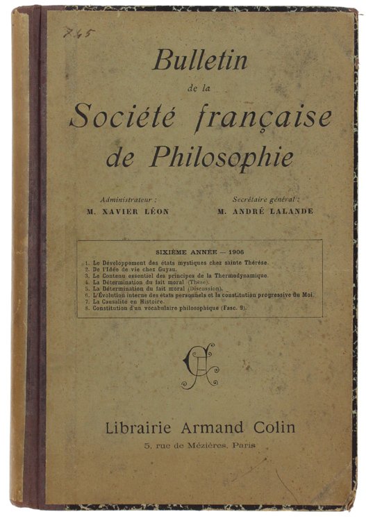 BULLETIN DE LA SOCIETE' DE PHILOSOPHIE. Sixième Année: 1906.