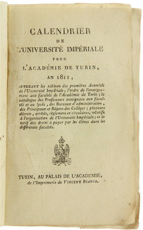 CALENDRIER DE L'UNIVERSITE' IMPERIALE POUR L'ACADEMIE DE TURIN