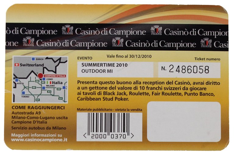 CASINO' DI CAMPIONE. Buono originale del valore 10,00 franchi svizzeri …
