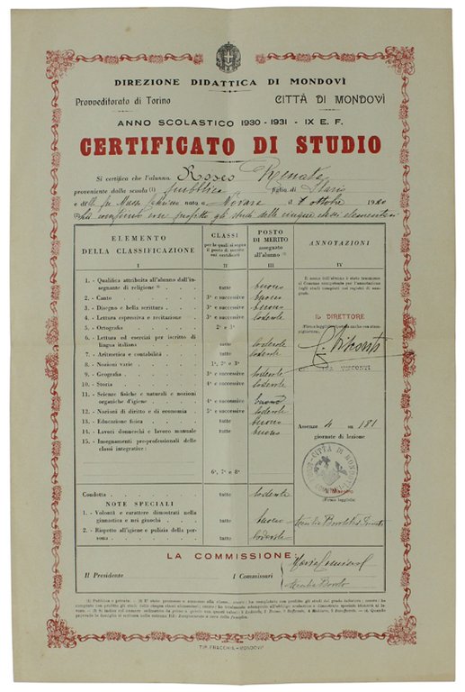 CERTIFICATO DI STUDIO. Anno scolastico 1930-1931. Direzione didattica di Mondovì.