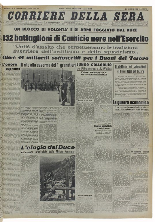 CORRIERE DELLA SERA. Dal 9 gennaio al 31 maggio 1940.