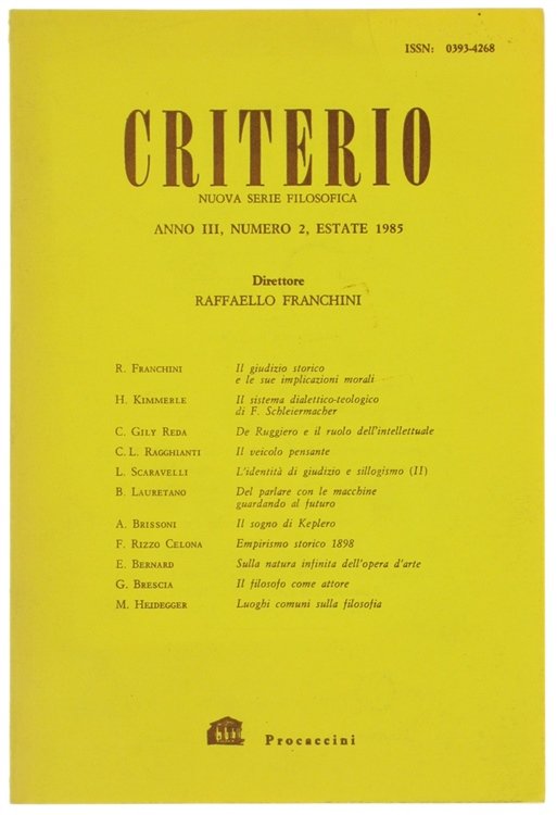 CRITERIO. Nuova serie filosofica. Anno III, N° 2. Estate 1985.