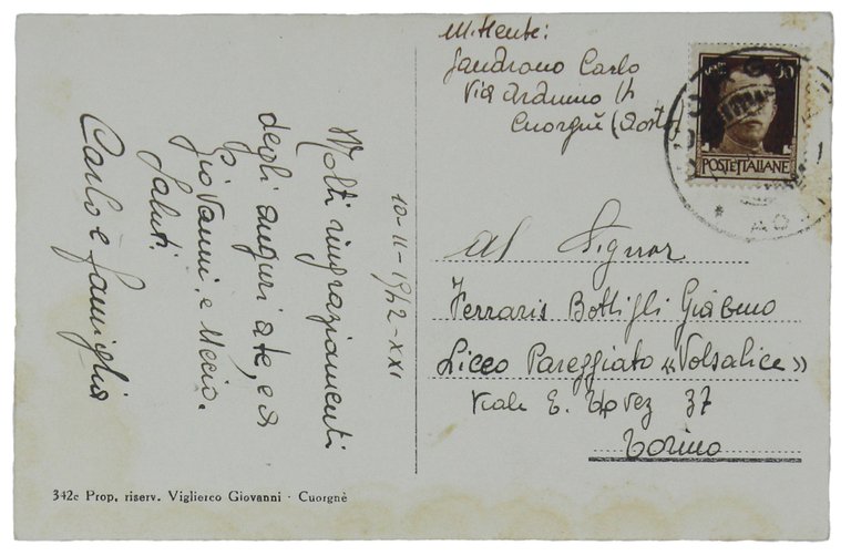 CUORGNE'. Chiesa Cappuccini e Giardino Pubblico. Cartolina viaggiata 1942