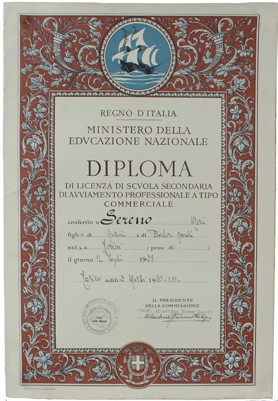DIPLOMA DI LICENZA DI SCUOLA SECONDARIA - TORINO 1943 | Immagine principale