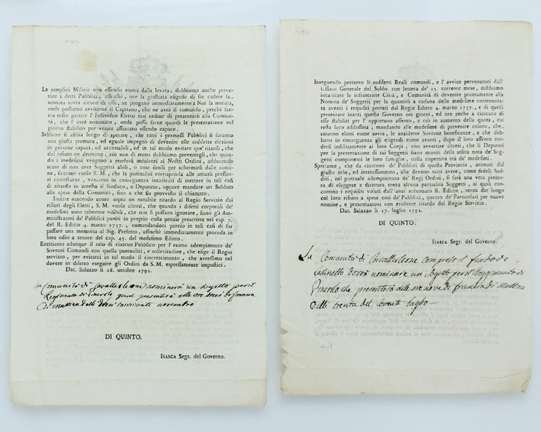 DODICI MANIFESTI DEL GOVERNO SABAUDO 1759-1799 - formato 30x20 cm …