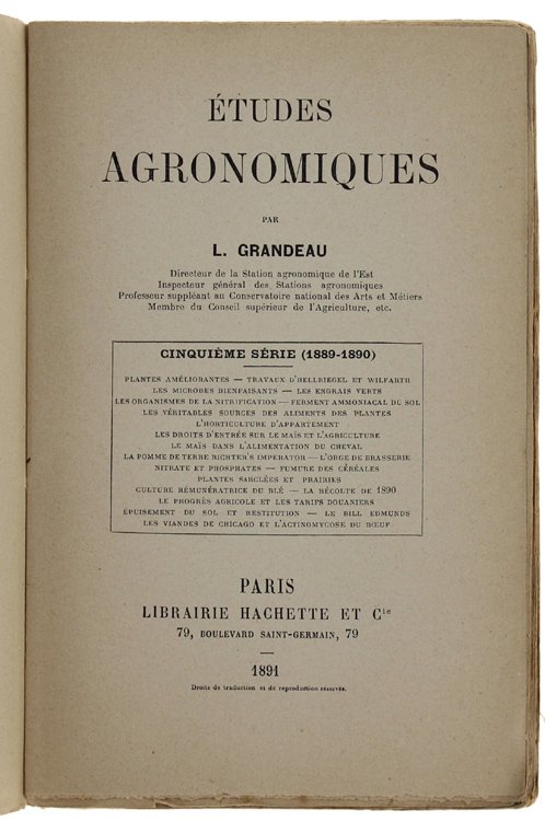 ETUDES AGRONOMIQUES. Cinquième série (1889-1890)
