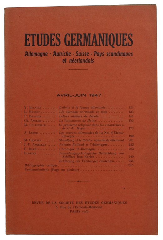ETUDES GERMANIQUES. Allemagne, Autriche, Suisse, Pays scandinaves et neerlandais. 2me …