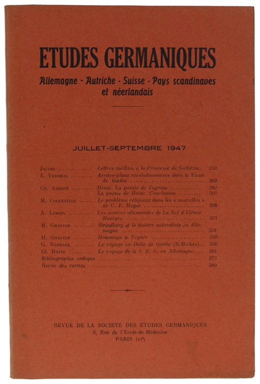 ETUDES GERMANIQUES. Allemagne, Autriche, Suisse, Pays scandinaves et neerlandais. 2me …