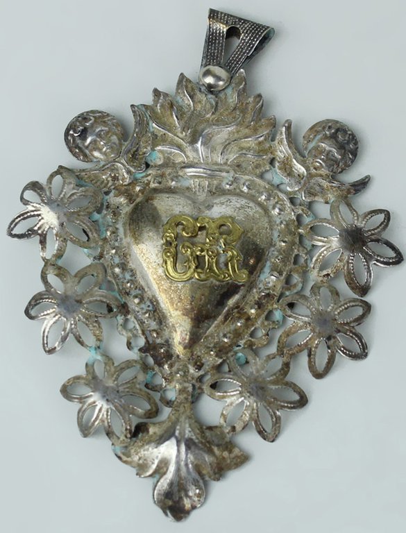 EX VOTO ARGENTATO VINTAGE SACRO CUORE CON ANGIOLETTI E GHIRLANDE … | Immagine Gallery 1